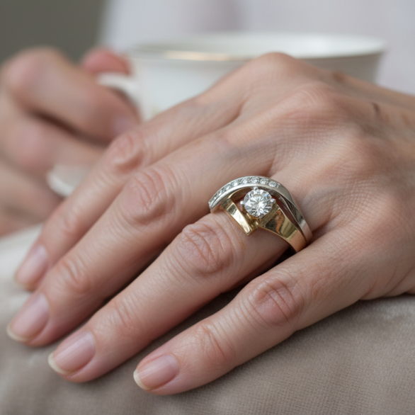 Vintage uregelmæssig ring i guld og sølv med zirkon