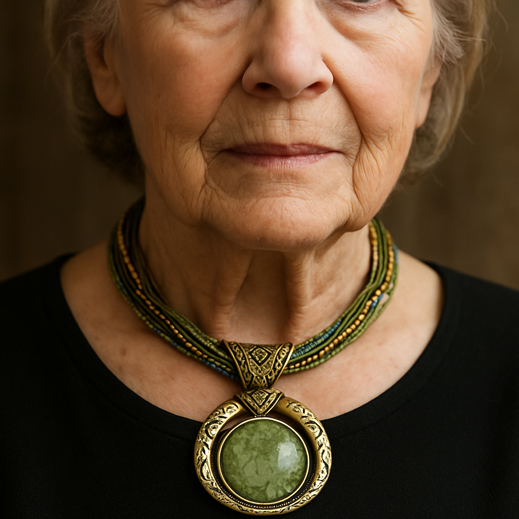 Vintage halskæde med etnisk vedhæng af grøn krystal