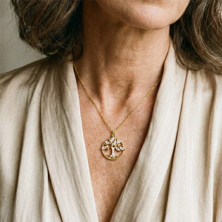 Livets Træ Halskæde med Zirkon i Guld