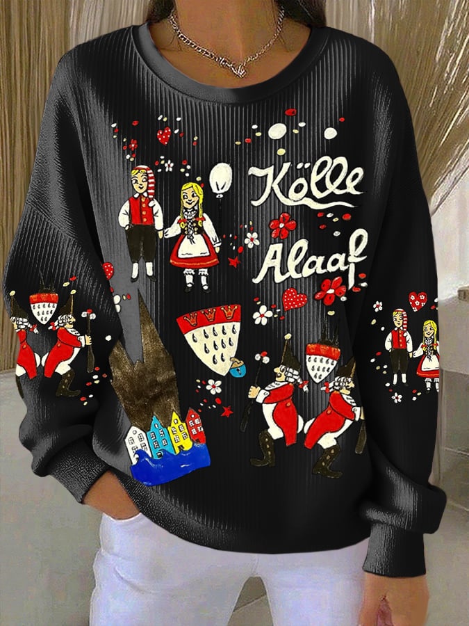 Dame langærmet T-shirt med rund hals og graffiti-design i Kölner karnevaltryk
