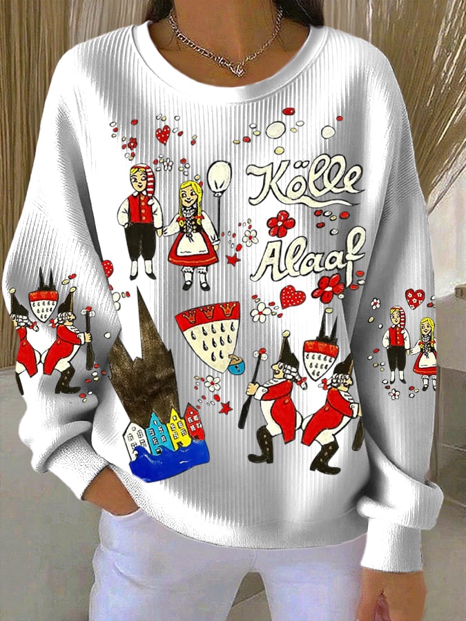 Dame langærmet T-shirt med rund hals og graffiti-design i Kölner karnevaltryk