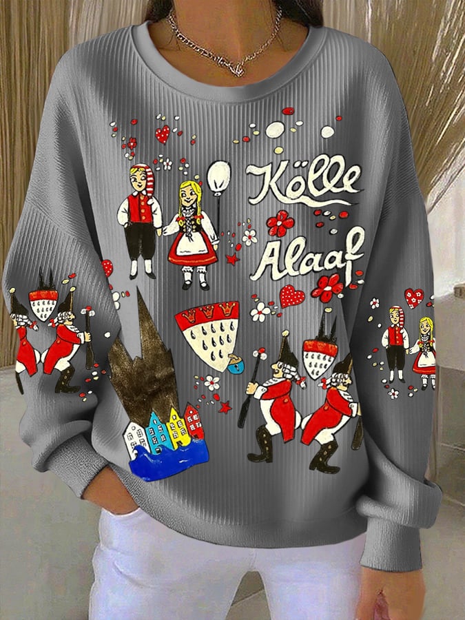 Dame langærmet T-shirt med rund hals og graffiti-design i Kölner karnevaltryk