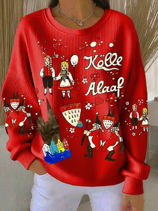 Dame langærmet T-shirt med rund hals og graffiti-design i Kölner karnevaltryk