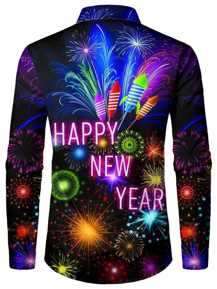 Herre Happy New Year Fyrværkeri Langærmet Skjorte