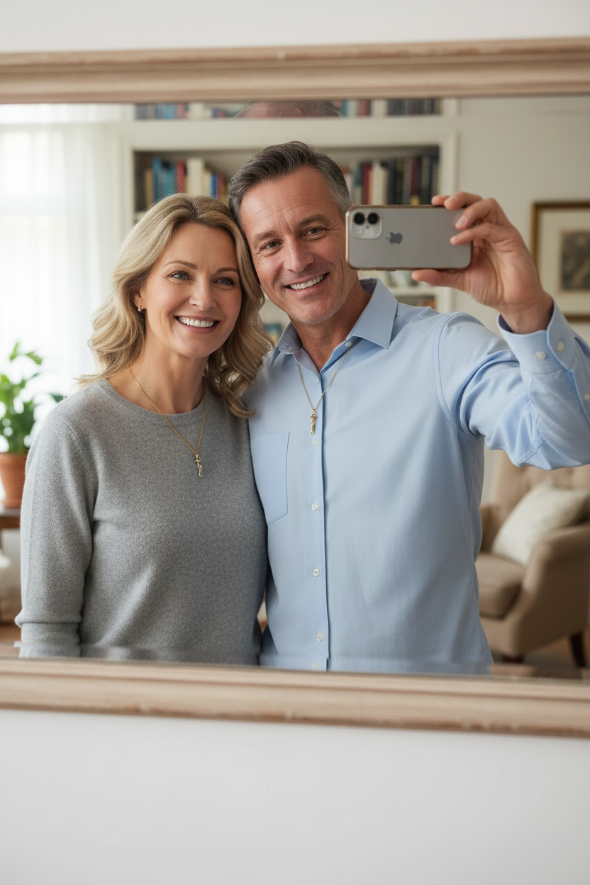 Casal a tirar foto ao espelho com colares