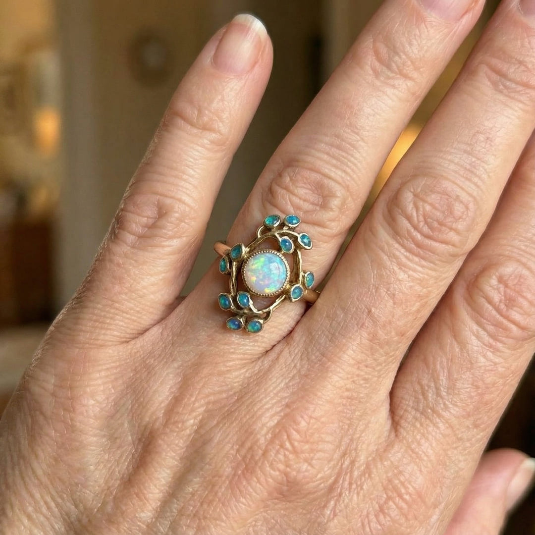 Vintage blå ring med krystaller og opal