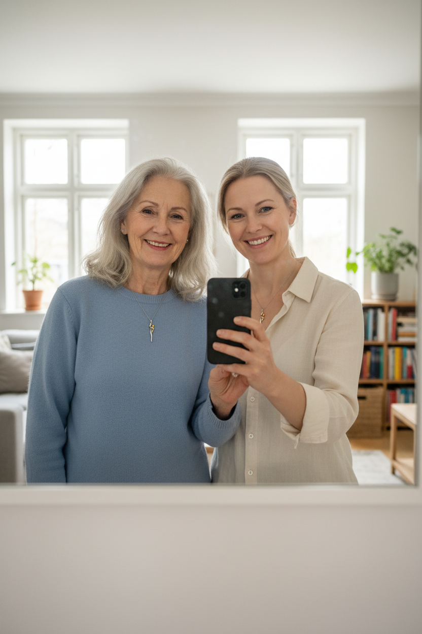 Mãe de 70 anos e filha de 45 anos com colar