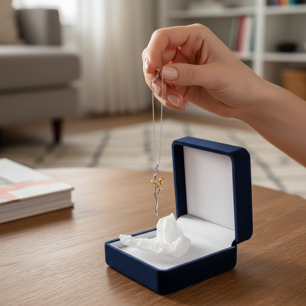 Mão segurando o colar da caixa