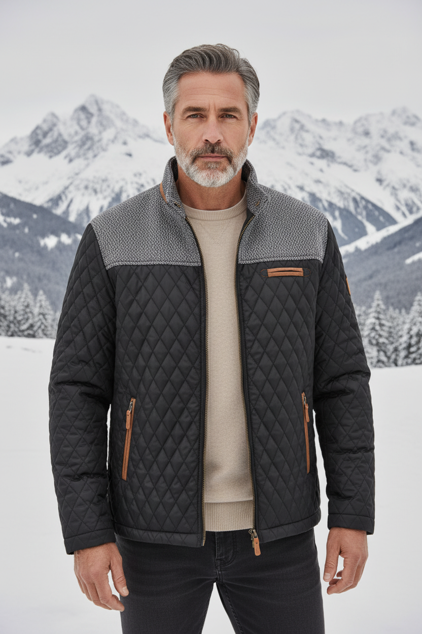 Mature model wearing quilted grey and black jacket in snowy mountains