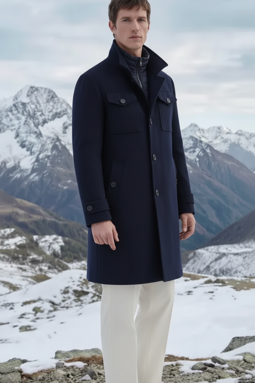 Model in navy coat without bag