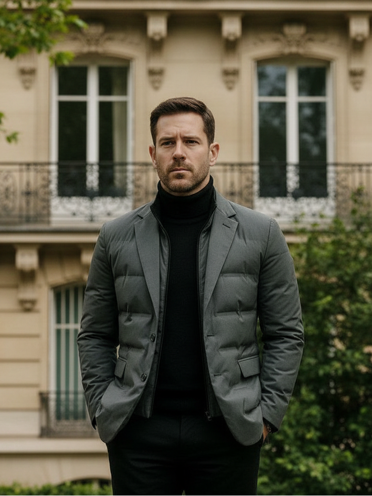 Modelo com blazer acolchoado e fundo parisiense
