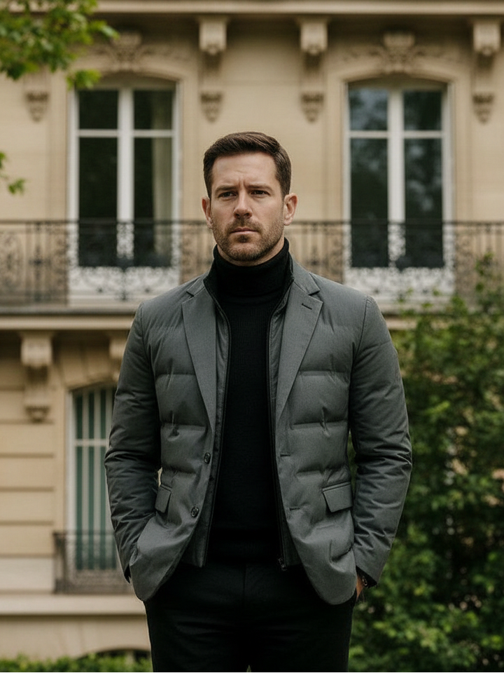 Modelo com blazer acolchoado e fundo parisiense