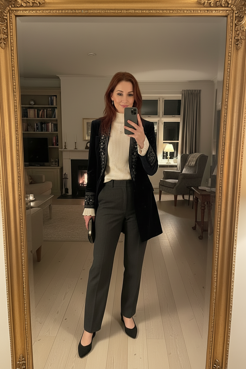 Mulher com blazer e camisola de gola alta