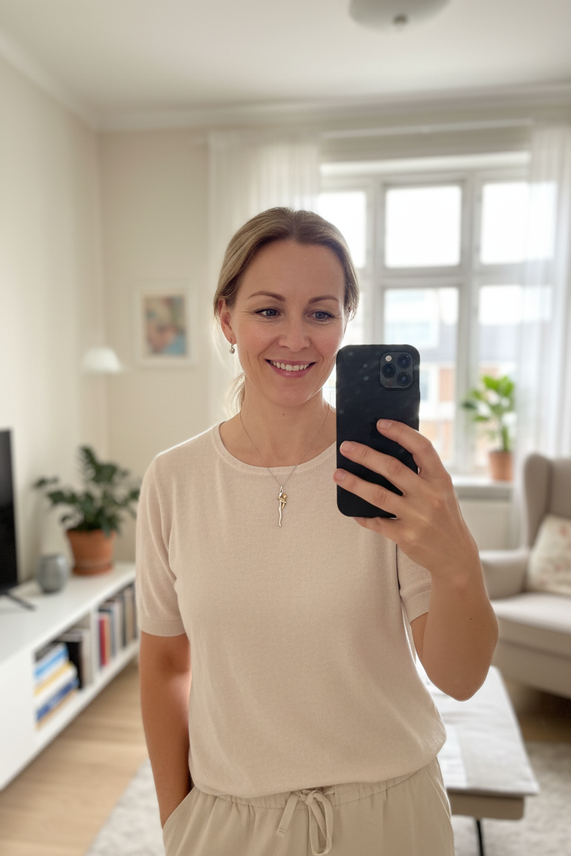 Mulher de 45 anos com colar ao espelho