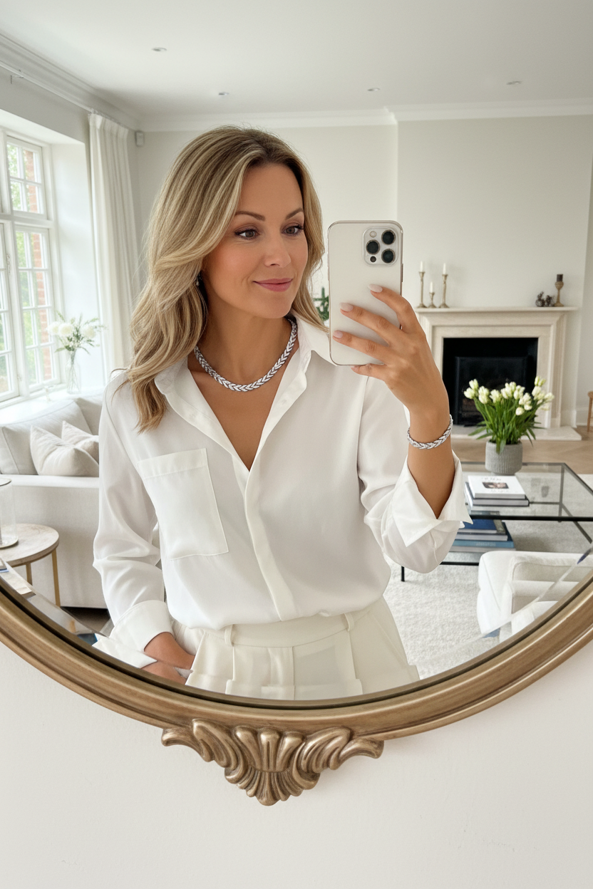 Mulher de 45 anos com colar e pulseira