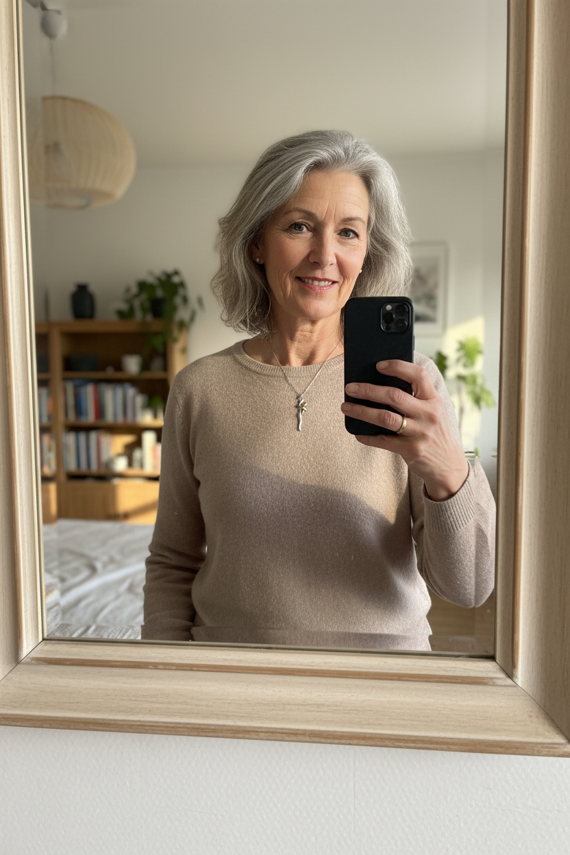 Mulher de 65 anos com colar ao espelho