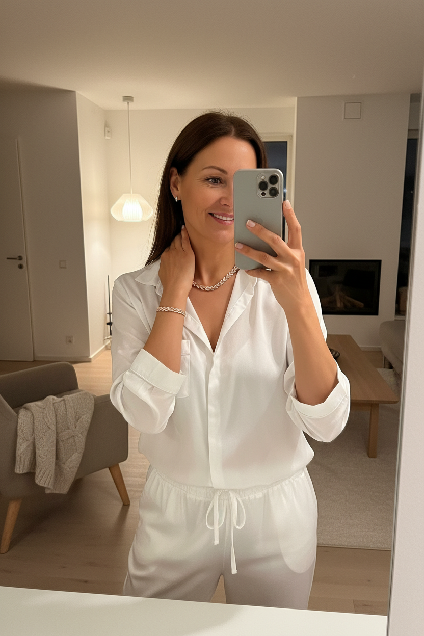 Mulher dinamarquesa com joias ao espelho