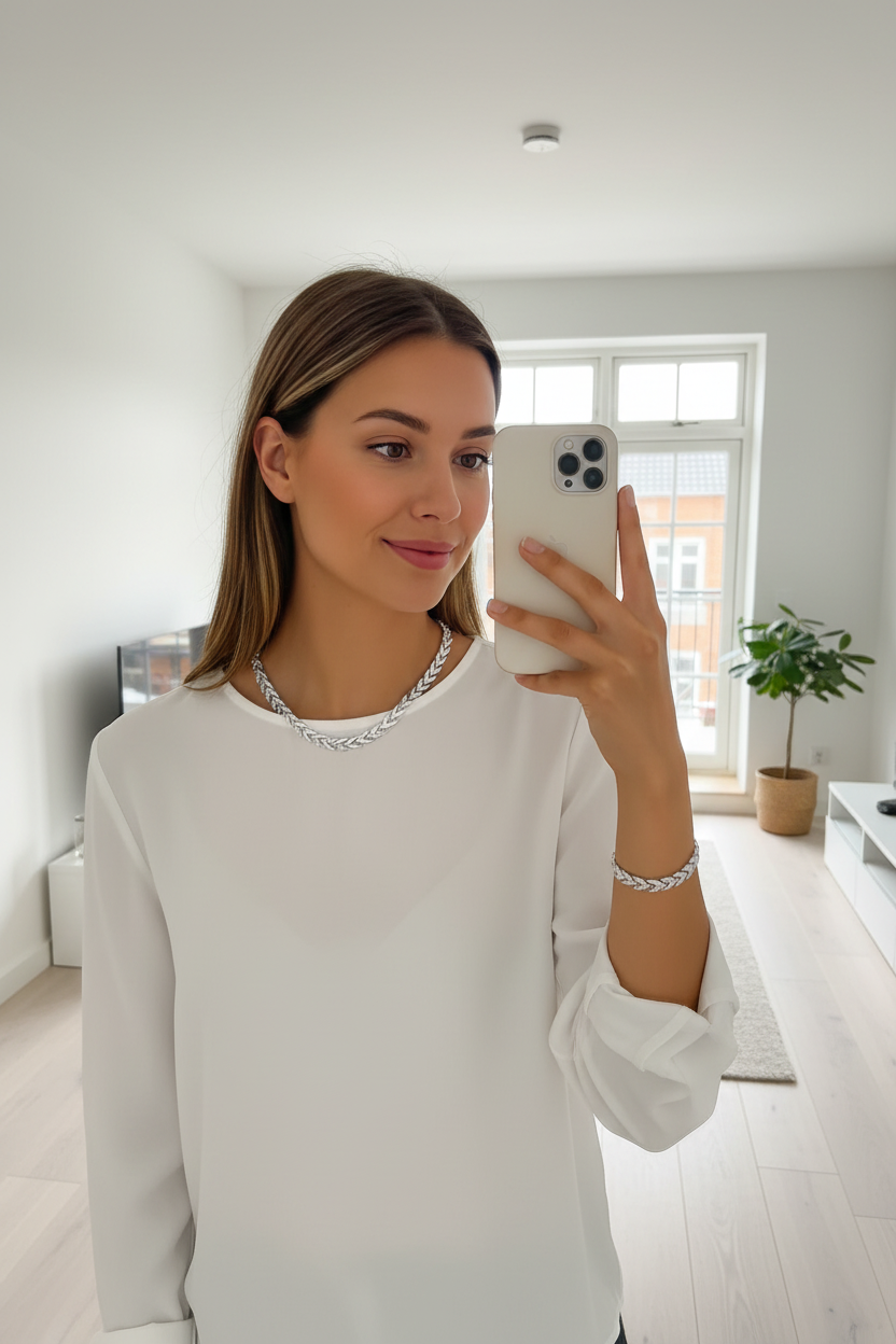 Mulher jovem com colar e uma pulseira