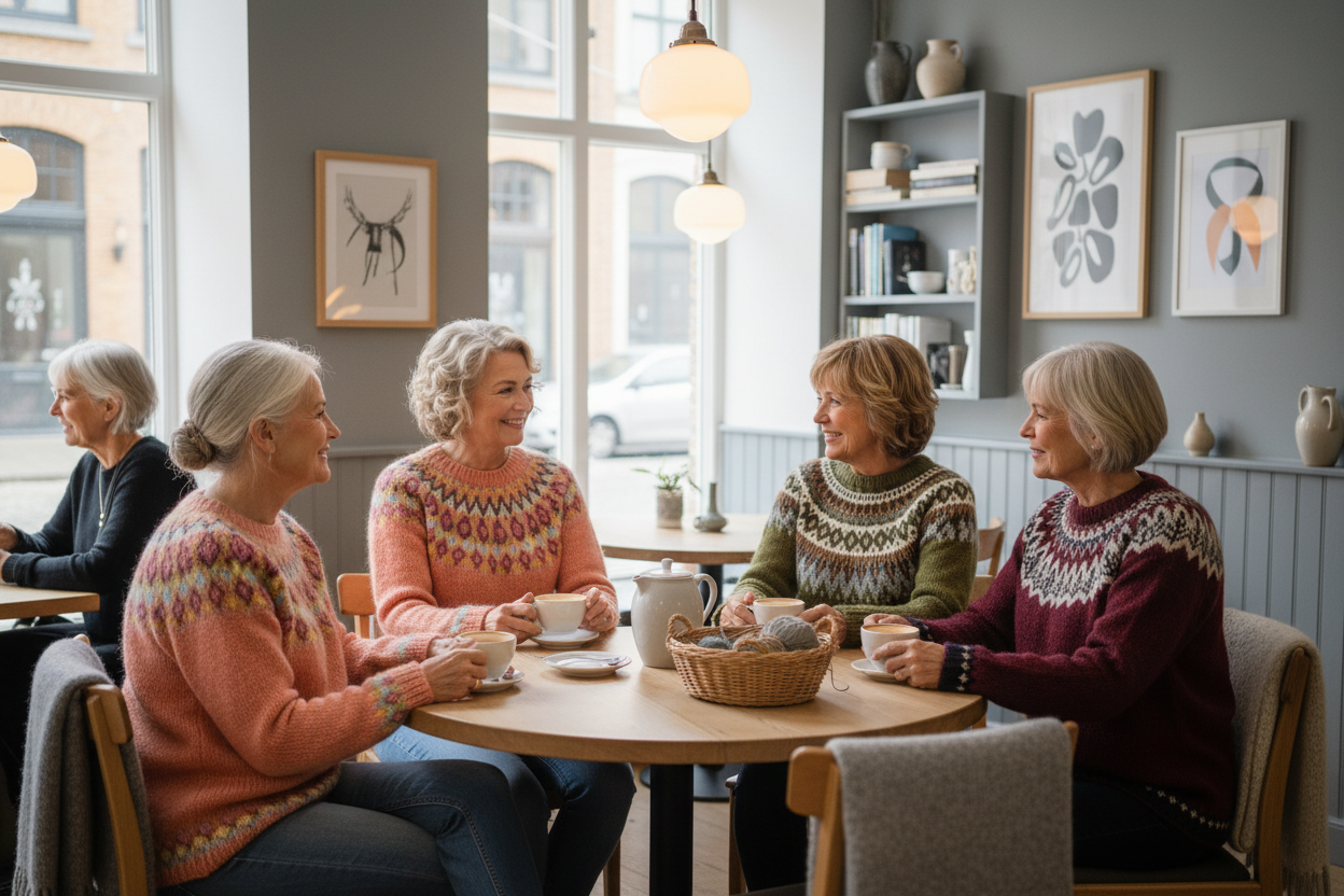 Mulheres dinamarquesas num café com camisolas nórdicas