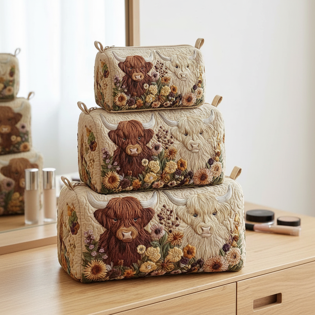 Quilted Highland Cow Cosmetic Bags