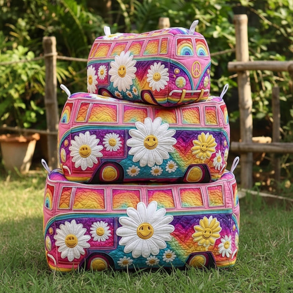Quilted Tie-Dye VW Van Daisy Pouches