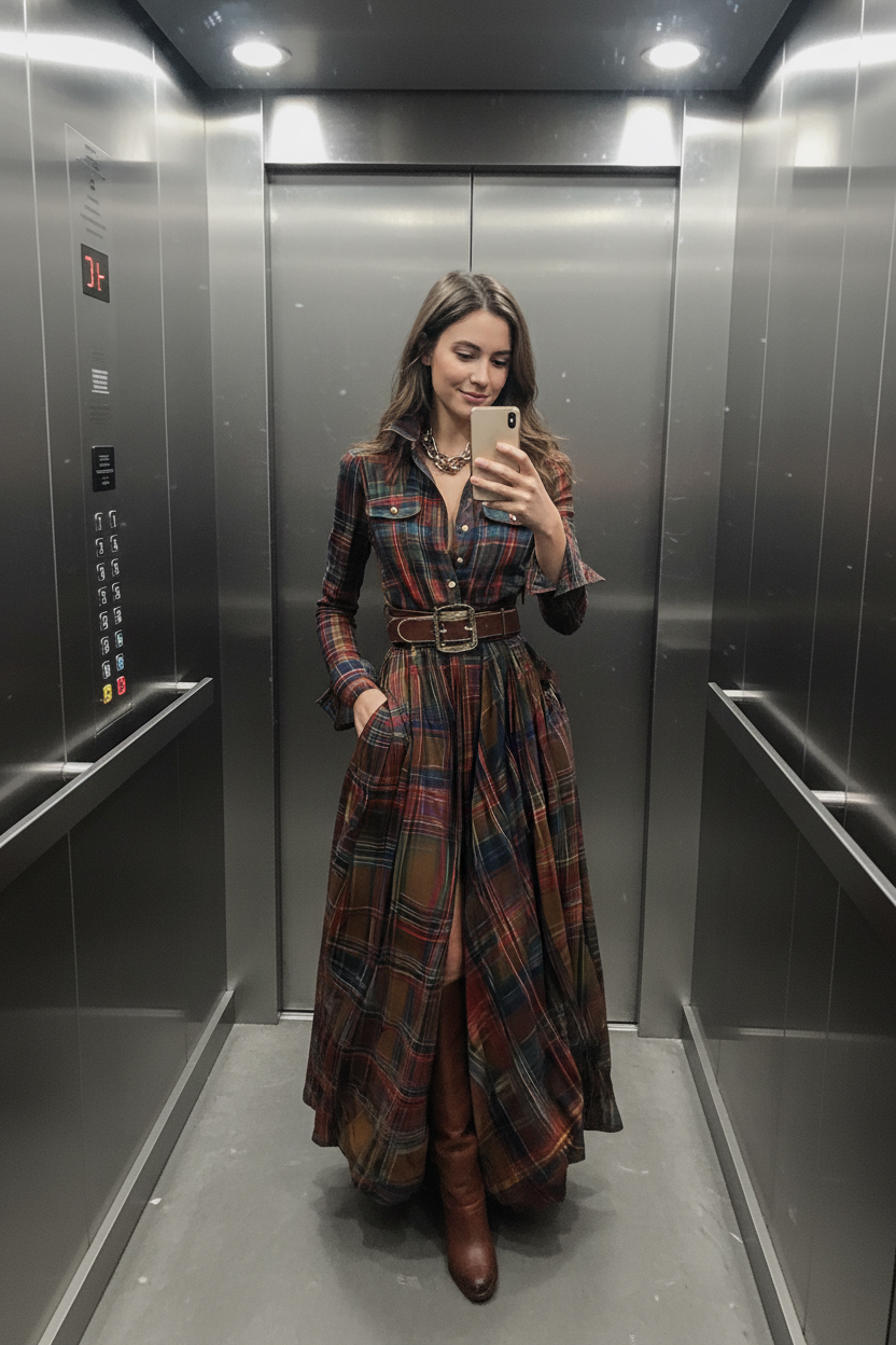 Review photo com Unity dress em elevador pequeno