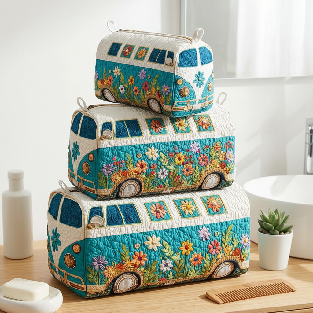 Teal VW Bus Quilted Pouches Square