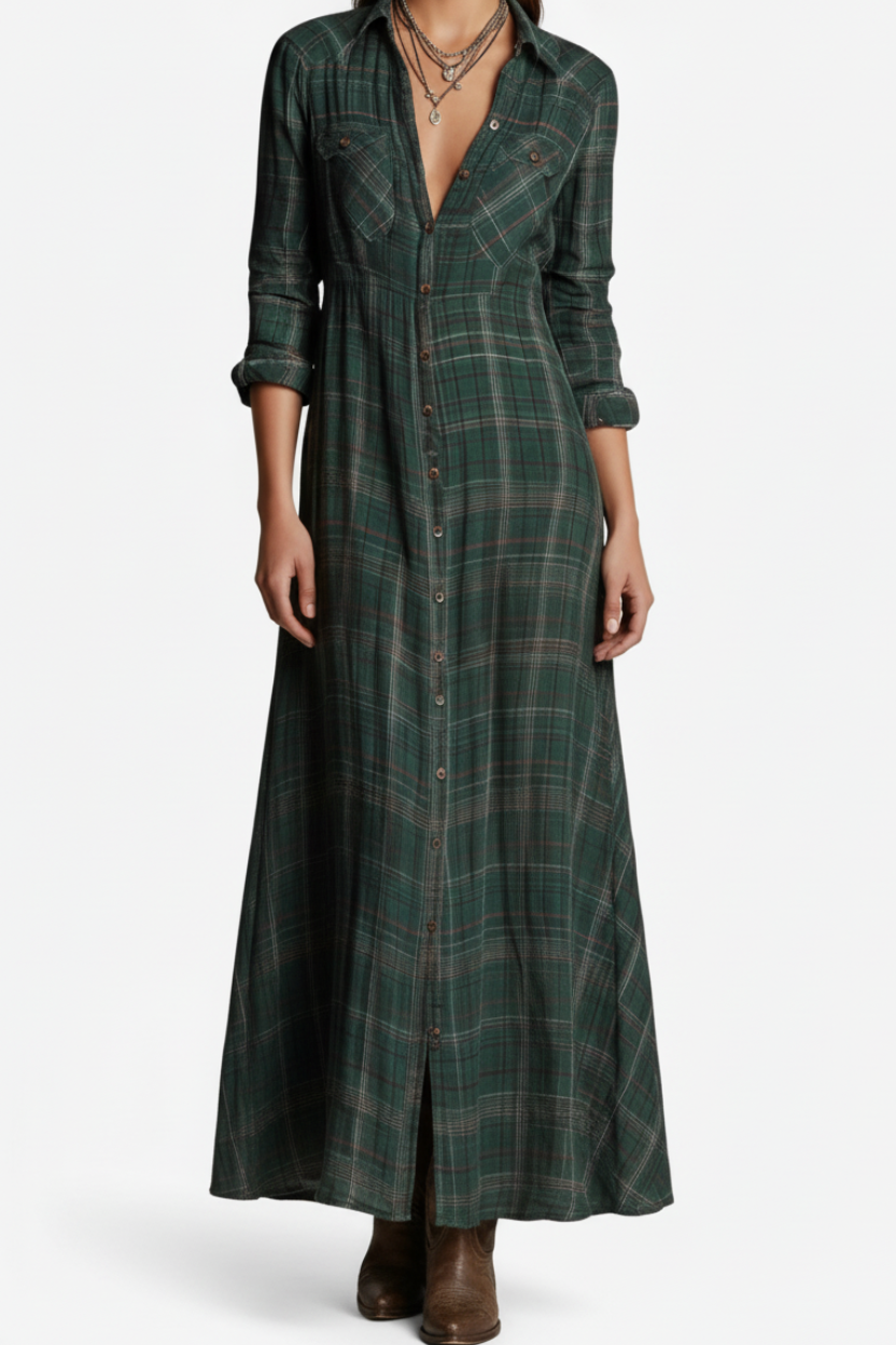 Vestido verde xadrez dos ombros para baixo