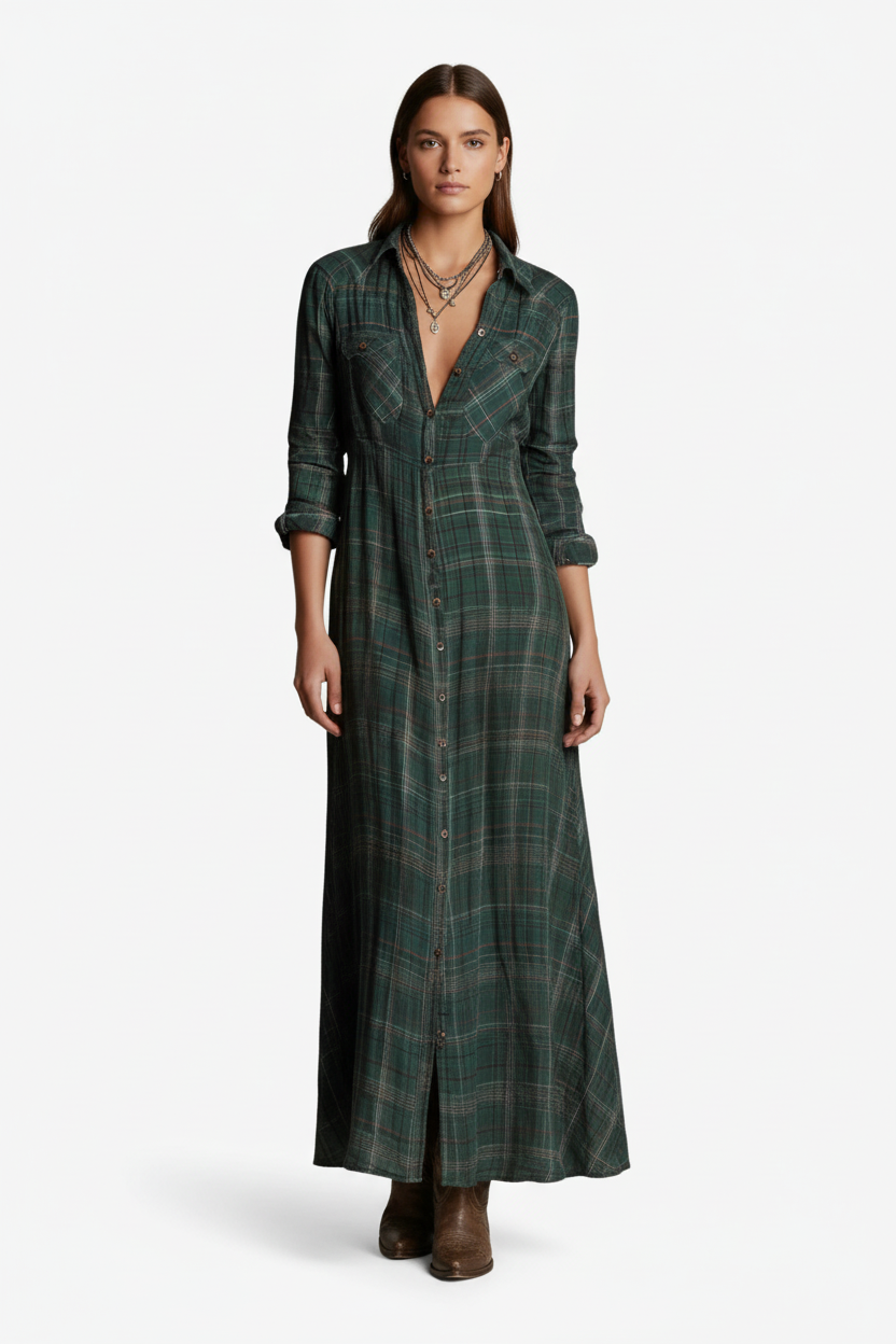 Vestido verde xadrez - foto de estúdio